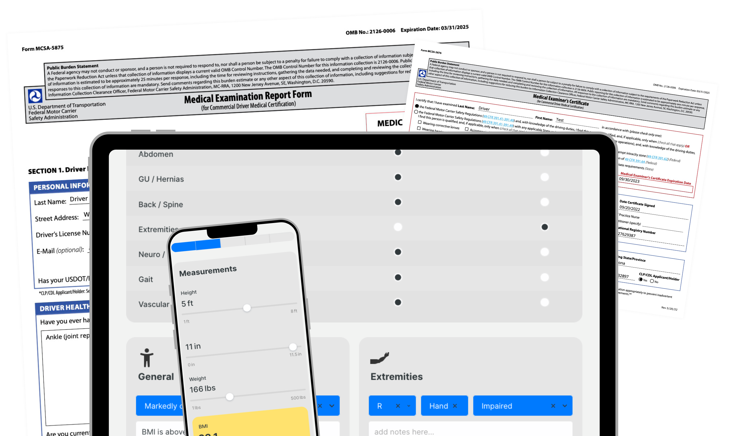 TabletDevices DOT Physical Exam Software, Simplephysical on mobile devices with form MCSA-5875 behind it
